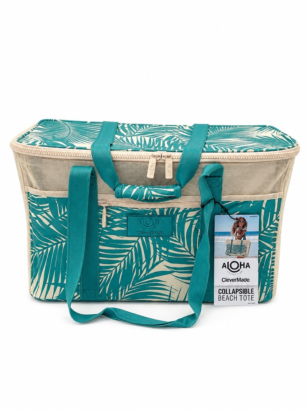 ALOHA Collection Green and Cream Collapsible Beach Tote